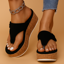 Women’s platform sandals with adjustable straps, raised sole for posture support, and non-slip base in black, beige, and light pink.