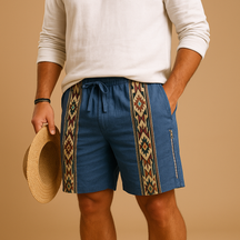 Men’s printed summer shorts with breathable fabric, relaxed fit, and adjustable drawstring waist, available in brown, grey, blue, and green prints.