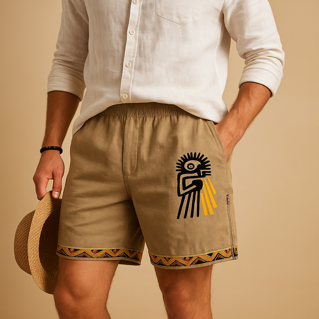 Men’s printed summer shorts with breathable fabric, relaxed fit, and adjustable drawstring waist, available in brown, grey, blue, and green prints.
