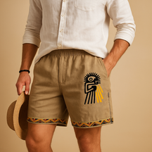 Men’s printed summer shorts with breathable fabric, relaxed fit, and adjustable drawstring waist, available in brown, grey, blue, and green prints.