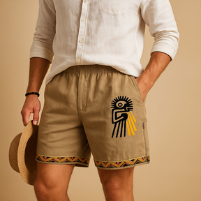 Men’s printed summer shorts with breathable fabric, relaxed fit, and adjustable drawstring waist, available in brown, grey, blue, and green prints.
