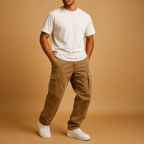 Men’s regular fit cargo trousers made from a soft cotton blend with multiple pockets, ideal for casual wear, work, and travel.