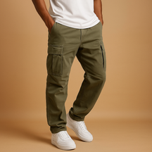 Men’s regular fit cargo trousers made from a soft cotton blend with multiple pockets, ideal for casual wear, work, and travel.