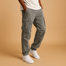 Men’s regular fit cargo trousers made from a soft cotton blend with multiple pockets, ideal for casual wear, work, and travel.