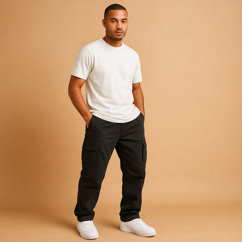 Men’s regular fit cargo trousers made from a soft cotton blend with multiple pockets, ideal for casual wear, work, and travel.