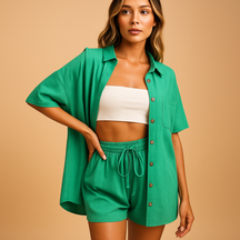 Two-piece women’s loungewear set with half-length cardigan and drawstring shorts in solid summer colors for beach and home use