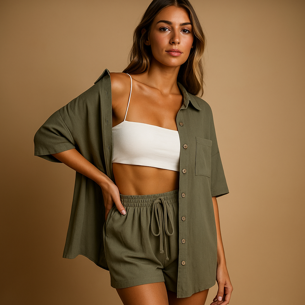 Two-piece women’s loungewear set with half-length cardigan and drawstring shorts in solid summer colors for beach and home use