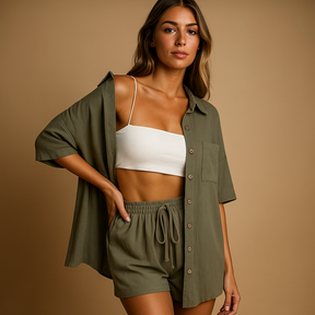 Two-piece women’s loungewear set with half-length cardigan and drawstring shorts in solid summer colors for beach and home use