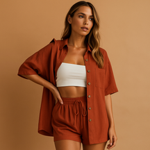 Two-piece women’s loungewear set with half-length cardigan and drawstring shorts in solid summer colors for beach and home use