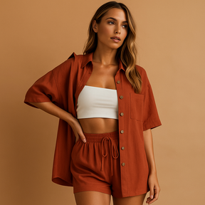 Two-piece women’s loungewear set with half-length cardigan and drawstring shorts in solid summer colors for beach and home use