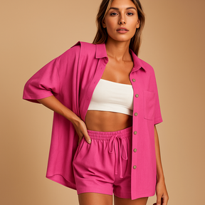 Two-piece women’s loungewear set with half-length cardigan and drawstring shorts in solid summer colors for beach and home use