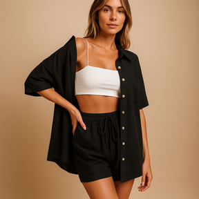 Two-piece women’s loungewear set with half-length cardigan and drawstring shorts in solid summer colors for beach and home use