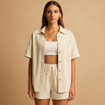 Two-piece women’s loungewear set with half-length cardigan and drawstring shorts in solid summer colors for beach and home use