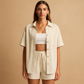 Two-piece women’s loungewear set with half-length cardigan and drawstring shorts in solid summer colors for beach and home use