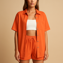 Two-piece women’s loungewear set with half-length cardigan and drawstring shorts in solid summer colors for beach and home use