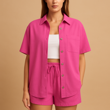 Two-piece women’s loungewear set with half-length cardigan and drawstring shorts in solid summer colors for beach and home use
