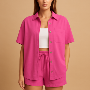 Two-piece women’s loungewear set with half-length cardigan and drawstring shorts in solid summer colors for beach and home use