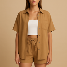 Two-piece women’s loungewear set with half-length cardigan and drawstring shorts in solid summer colors for beach and home use