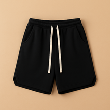 Men’s retro sports shorts with knee length, loose fit, and elastic waistband in dark blue, grey, black, and army green.