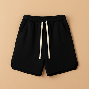 Men’s retro sports shorts with knee length, loose fit, and elastic waistband in dark blue, grey, black, and army green.