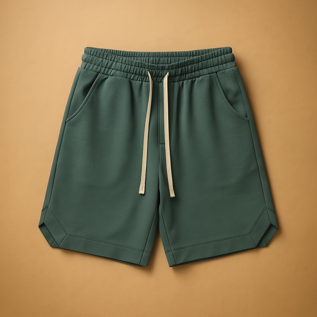 Men’s retro sports shorts with knee length, loose fit, and elastic waistband in dark blue, grey, black, and army green.