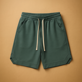Men’s retro sports shorts with knee length, loose fit, and elastic waistband in dark blue, grey, black, and army green.