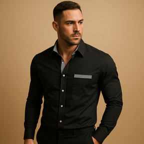 Men’s slim fit dress shirt with breathable fabric, classic collar, and versatile colours, ideal for business or casual wear.