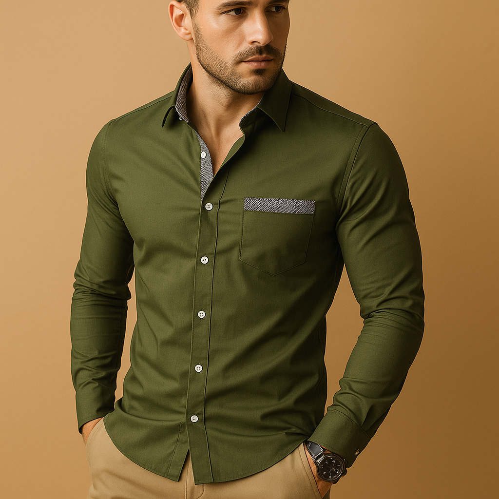 Men’s slim fit dress shirt with breathable fabric, classic collar, and versatile colours, ideal for business or casual wear.