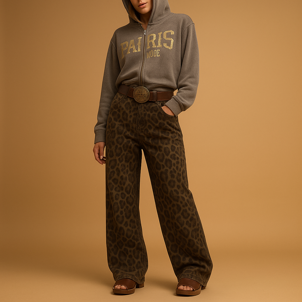 Women’s slim fit jeans with leopard print design and stretch comfort, perfect for bold everyday and evening outfits