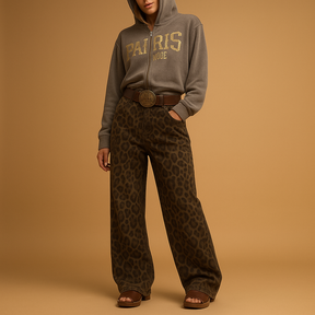 Women’s slim fit jeans with leopard print design and stretch comfort, perfect for bold everyday and evening outfits