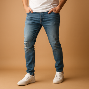 Men’s slim fit ripped jeans made from durable stretch denim with urban distressed details, perfect for streetwear in autumn and winter.