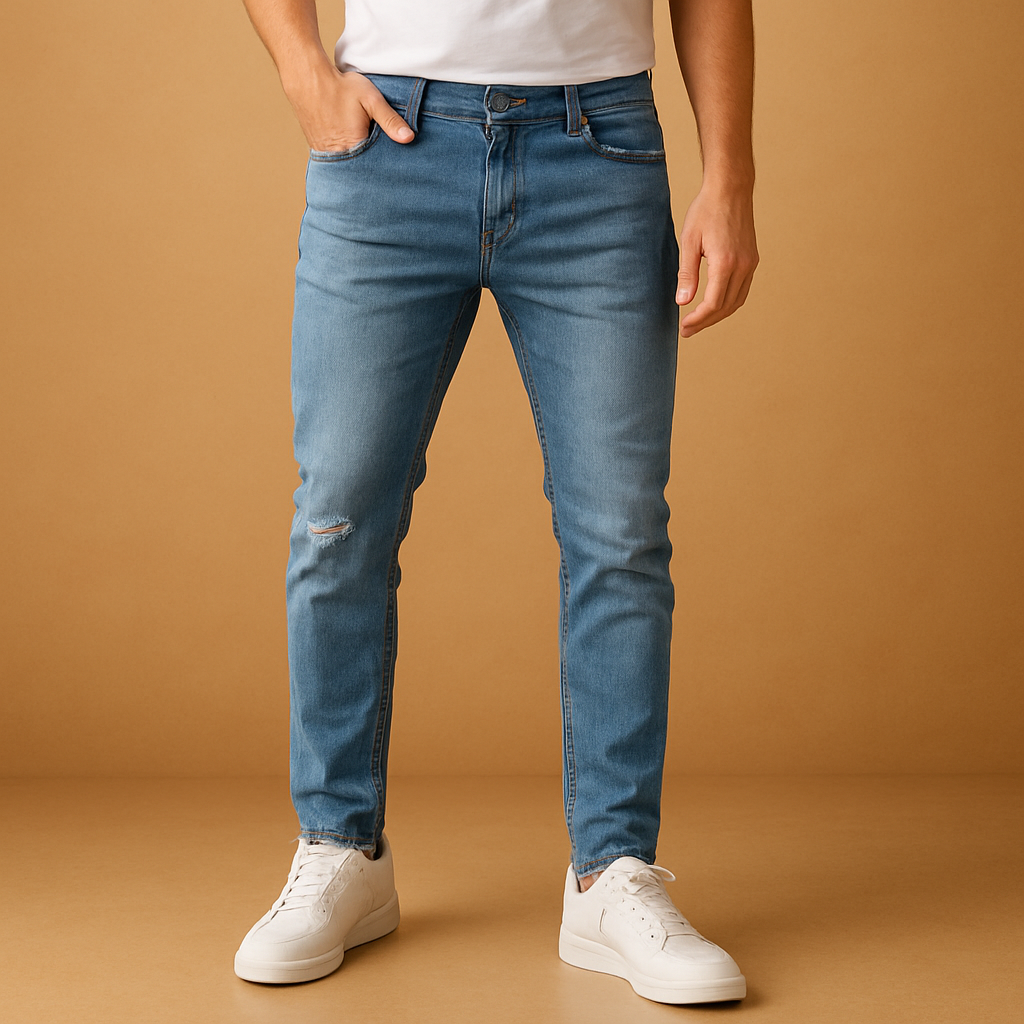 Men’s slim fit ripped jeans made from durable stretch denim with urban distressed details, perfect for streetwear in autumn and winter.