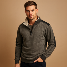 Men’s vintage half zip sweater with adjustable collar, contrasting shoulders, and durable soft fabric for versatile autumn and winter wear.