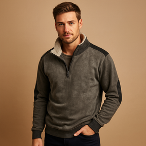 Men’s vintage half zip sweater with adjustable collar, contrasting shoulders, and durable soft fabric for versatile autumn and winter wear.