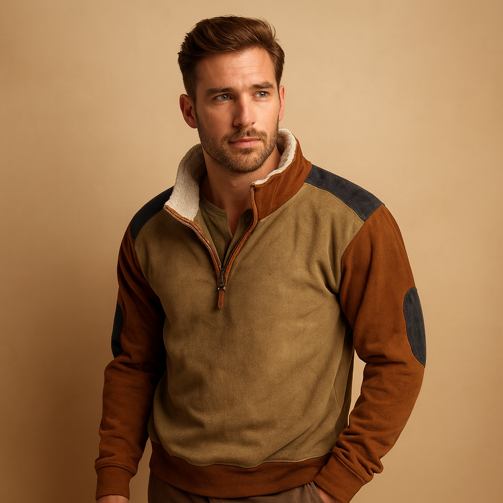 Men’s vintage half zip sweater with adjustable collar, contrasting shoulders, and durable soft fabric for versatile autumn and winter wear.