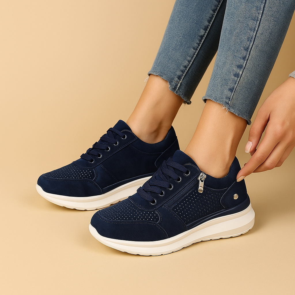 Women’s wide fit casual shoes with supportive insole and extra toe room in black, beige, and light grey, ideal for daily wear.