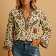Airy spring blouse for women with a round neckline and flowy fit, ideal for warm-weather occasions and stylish everyday outfits.