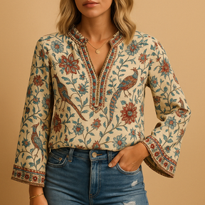 Airy spring blouse for women with a round neckline and flowy fit, ideal for warm-weather occasions and stylish everyday outfits.