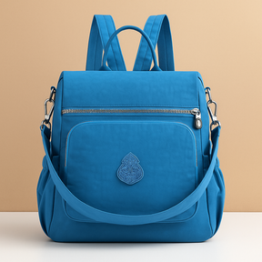 Anti-theft crossbody backpack for women with convertible straps, waterproof nylon material, and hidden compartments for stylish and secure travel.