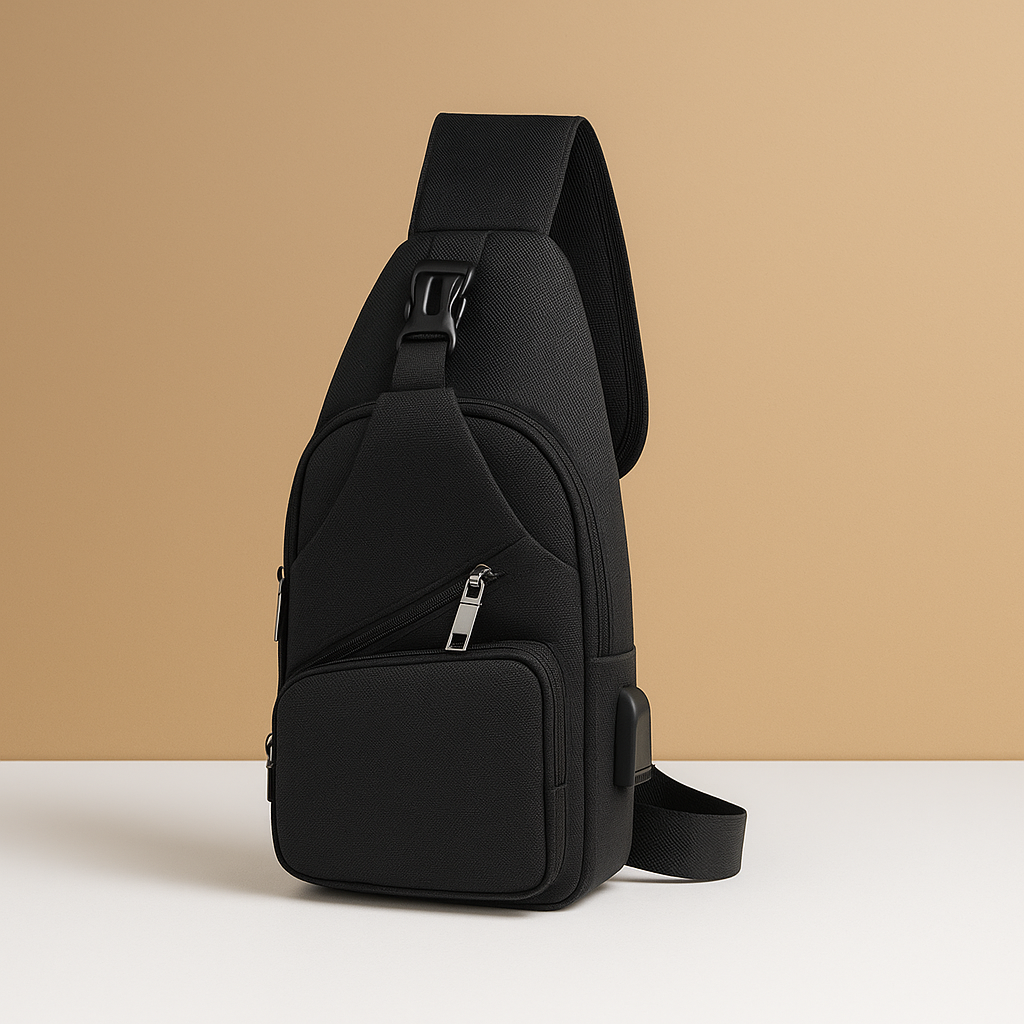 Anti-theft crossbody bag for men with USB charging port, water-repellent design, and adjustable strap for everyday or travel use.
