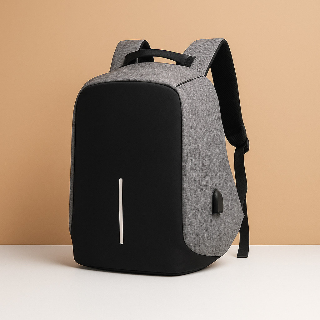 Men’s anti-theft laptop backpack with USB port, water-resistant material, and secure back-zipper, ideal for travel and everyday use.