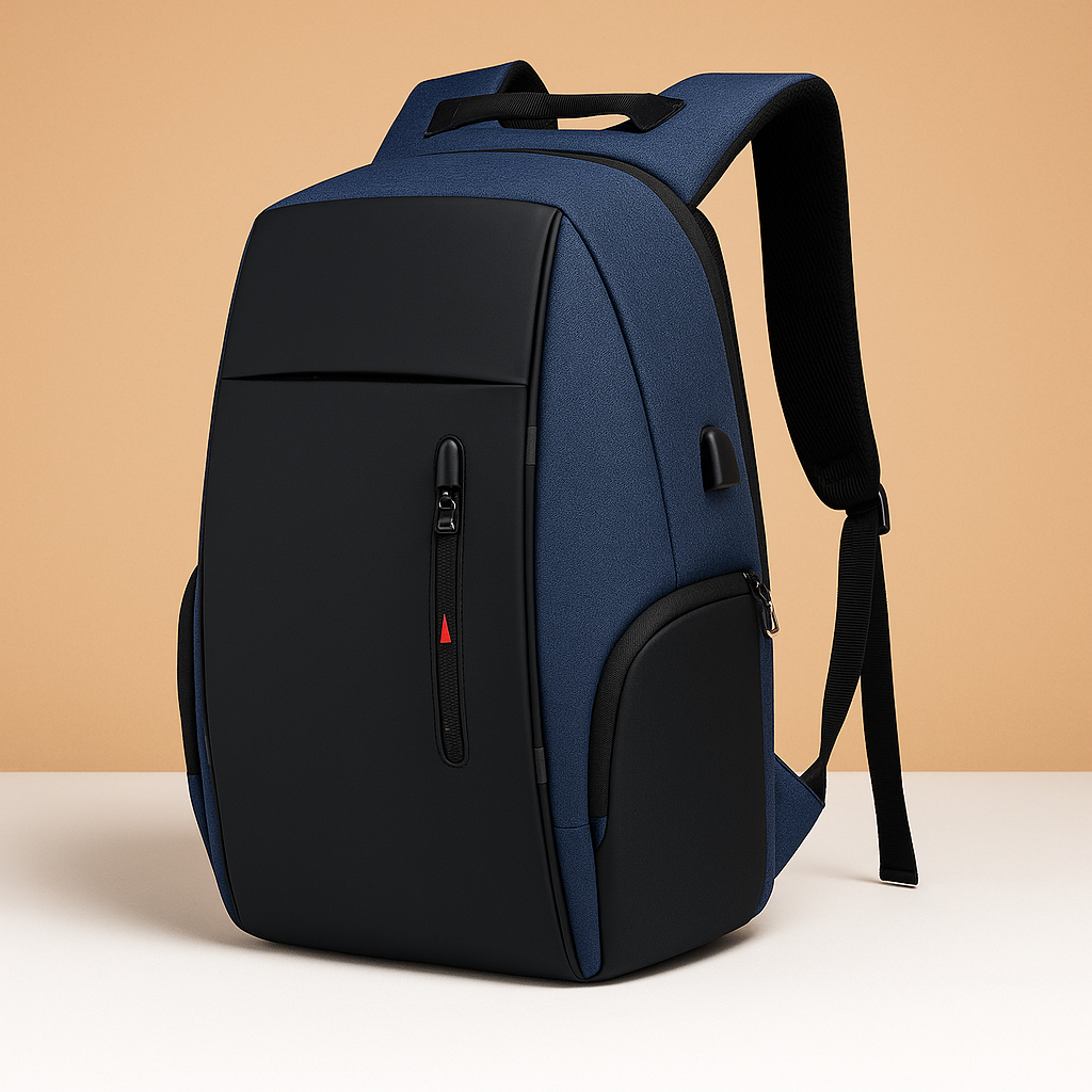 Anti-theft laptop backpack for men with USB charging, night visibility strip, and secure compartments for business and travel use.
