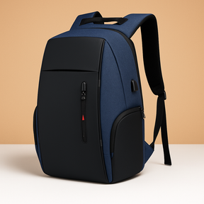 Anti-theft laptop backpack for men with USB charging, night visibility strip, and secure compartments for business and travel use.