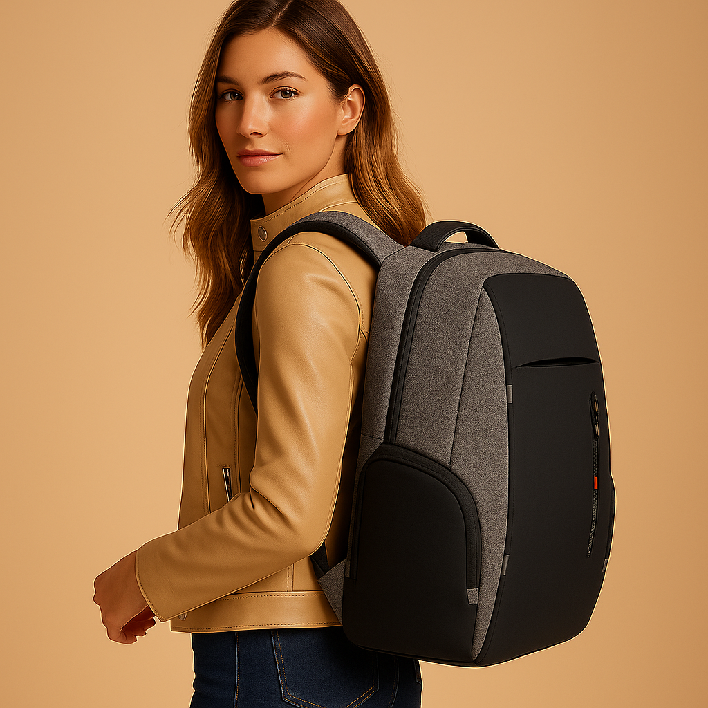 Anti-theft laptop backpack for men with USB charging, night visibility strip, and secure compartments for business and travel use.