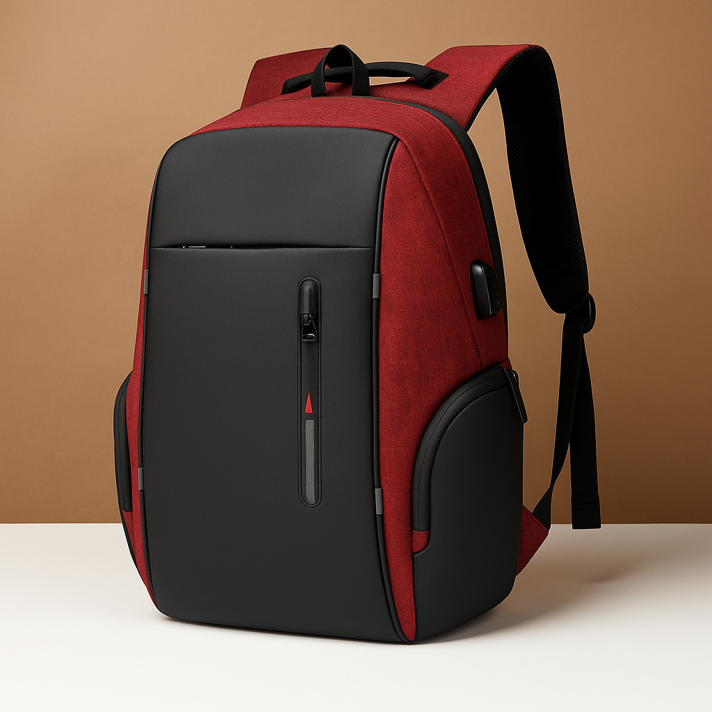 Anti-theft laptop backpack for men with USB charging, night visibility strip, and secure compartments for business and travel use.