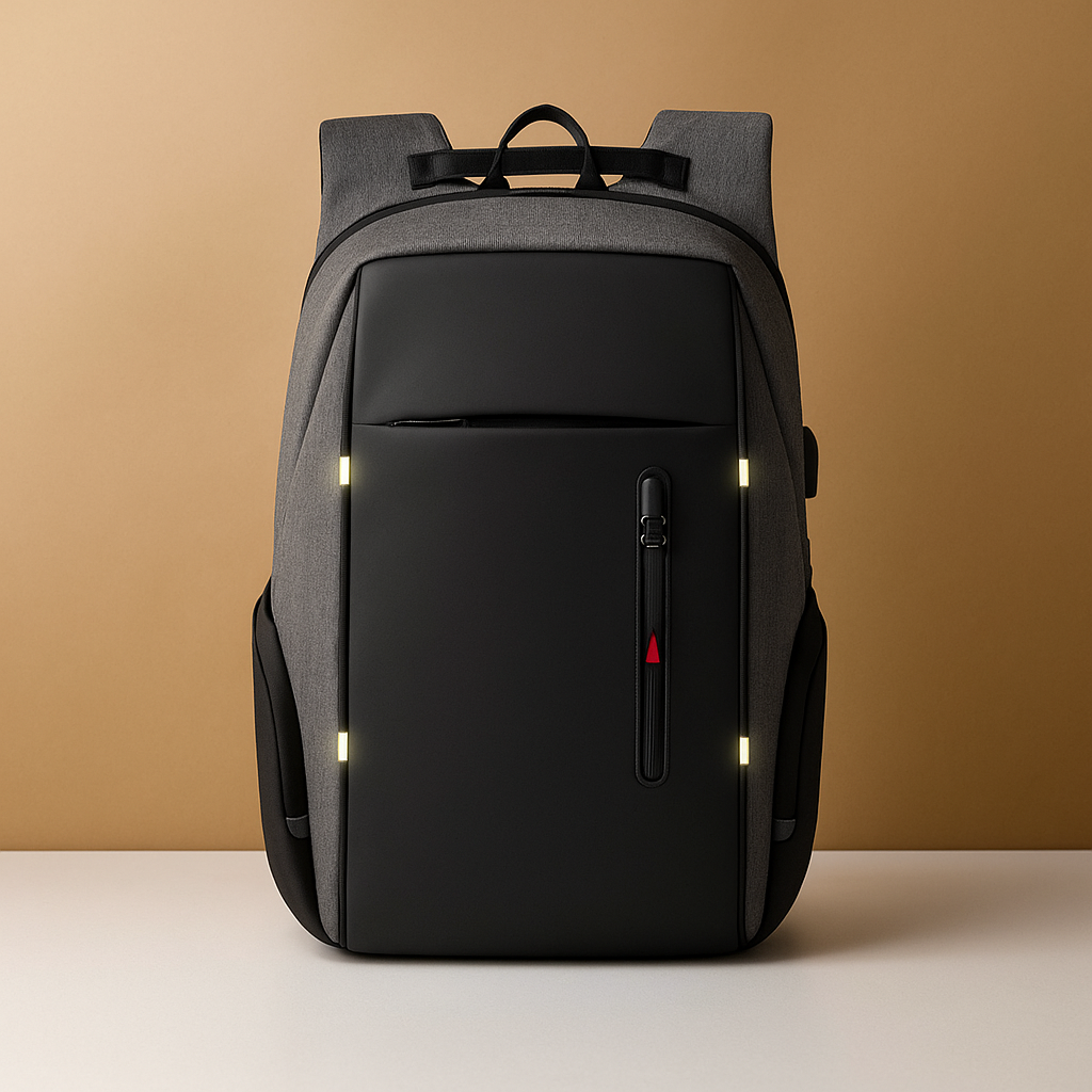 Anti-theft laptop backpack for men with USB charging, night visibility strip, and secure compartments for business and travel use.