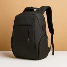 Anti-theft laptop backpack for men with USB charging, night visibility strip, and secure compartments for business and travel use.