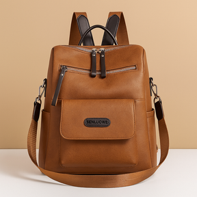Anti-theft leather travel backpack for women with hidden zippers, water-resistant PU leather, and dual-carry design for everyday security and style.