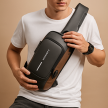 Anti-theft USB crossbody bag for men with hidden card pocket, water-repellent fabric, and 9.7-inch tablet space—perfect for travel and commuting.