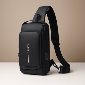 Anti-theft USB crossbody bag for men with hidden card pocket, water-repellent fabric, and 9.7-inch tablet space—perfect for travel and commuting.